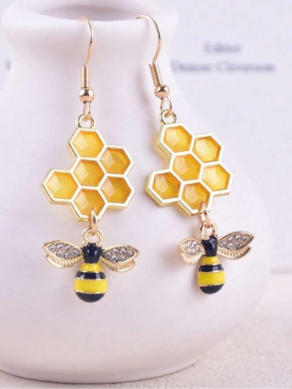 Gold Honeycomb & Bee Drop Earrings - Yellow